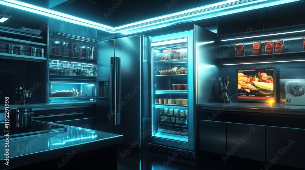 Modern kitchen with advanced appliances and organized storage illuminated in warm tones during evening hours Modern kitchen with advanced appliances and organized storage illuminated in warm tones during evening hours
