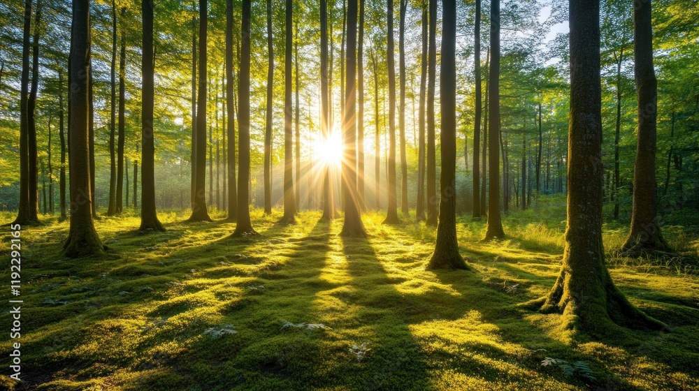 Fototapeta premium Sun rays illuminate a lush forest with moss-covered ground at sunrise.