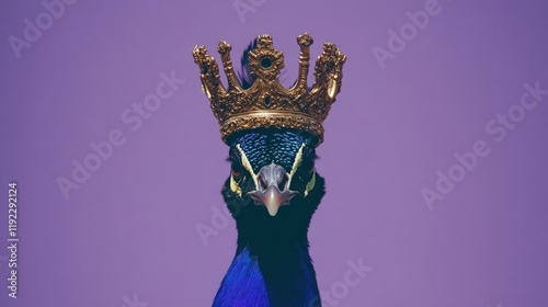 Majestic peacock portrait wearing a golden crown against a vibrant purple background.  A regal and stylish image perfect for fashion, design, or editorial projects.