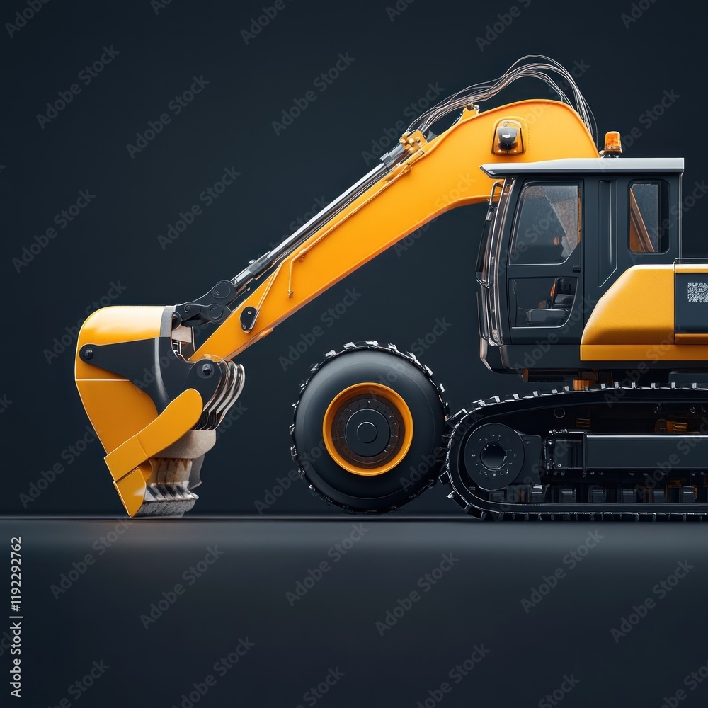 Fototapeta premium Yellow excavator on dark background, side view, powerful machine.