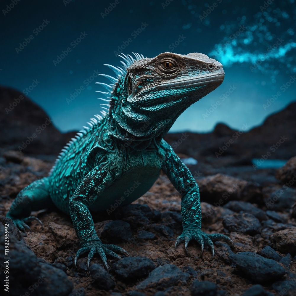 Naklejka premium A lizard with glowing bioluminescent skin, set in a mysterious alien landscape with floating rocks.