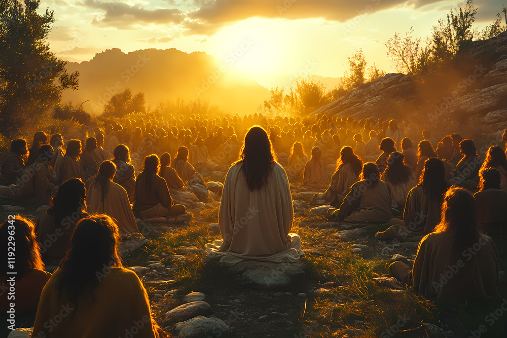 Obraz premium Jesus standing on a mountaintop, speaking to a crowd, illuminated by soft dawn light. A scene of peace and spirituality