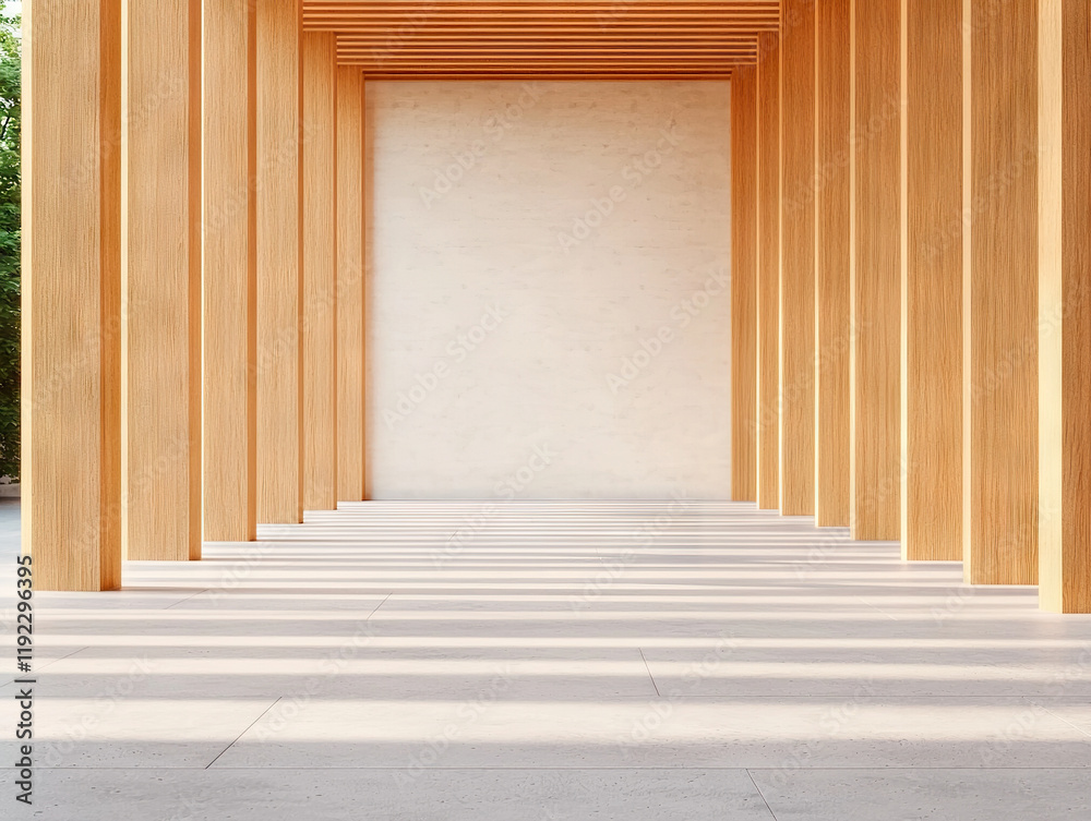 Fototapeta premium Minimalist interior with wooden pillars and sunlight casting shadows in open, serene space