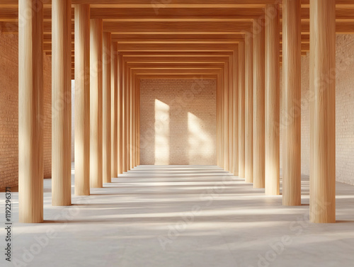 Bright minimalist interior with wooden pillars and sunlight streaming into open serene space