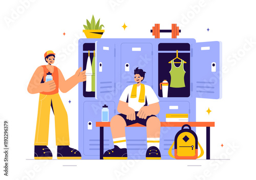 Gym Locker Room Vector Illustration Featuring Dressing Storage for Sports Teams with Fresh Dry Towels, Wardrobes, and Benches for Neat Uniform Changes