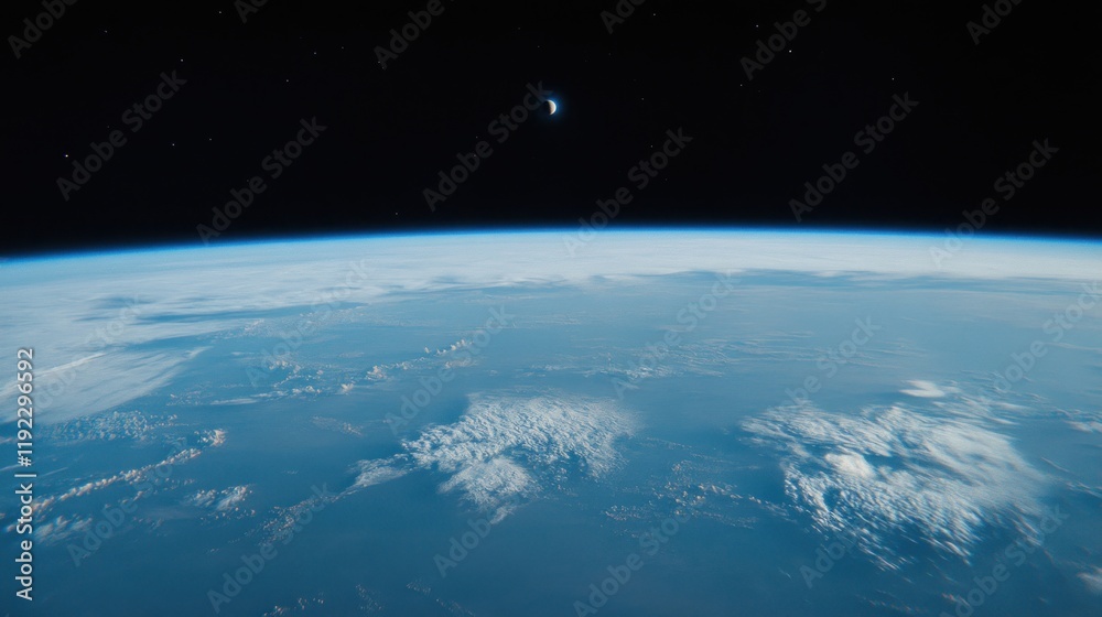Fototapeta premium Earth's atmosphere, clouds, and crescent moon viewed from space.