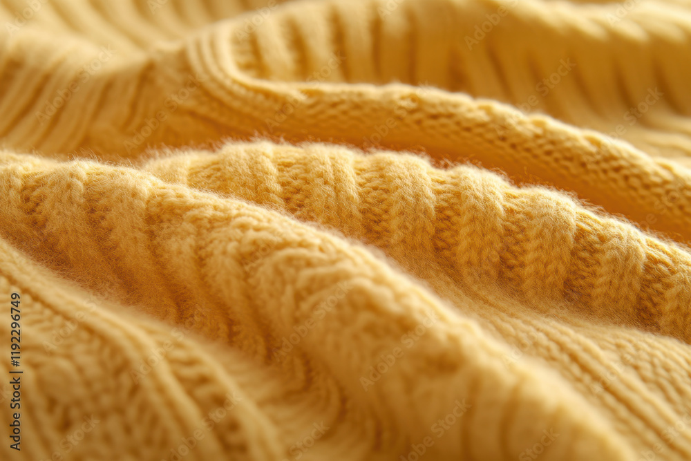 Close-up of soft, textured yellow knit fabric. The detailed cable knit pattern is highlighted by warm lighting. Close-up of soft, textured yellow knit fabric. The detailed cable knit pattern is highlighted by warm lighting.