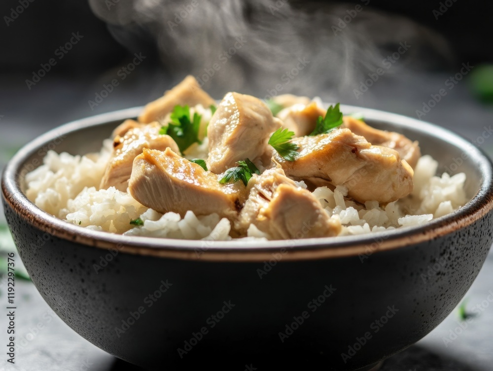 A steaming bowl of chicken and rice. Featuring tender chicken pieces and flavorful rice. Highlighting a comforting and delicious meal. Ideal for recipe books and food blogs. A steaming bowl of chicken and rice. Featuring tender chicken pieces and flavorful rice. Highlighting a comforting and delicious meal. Ideal for recipe books and food blogs.