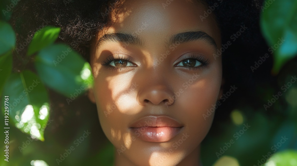 Woman with dark curly hair framed by green leaves Woman with dark curly hair framed by green leaves