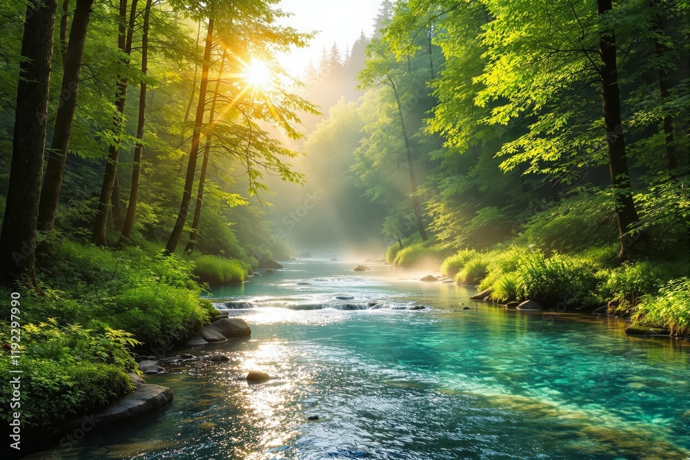 Fototapeta premium Scenic forest river with sunlight streaming through trees, lush greenery along the banks, clear turquoise water, tranquil atmosphere, nature concept. Ai generative