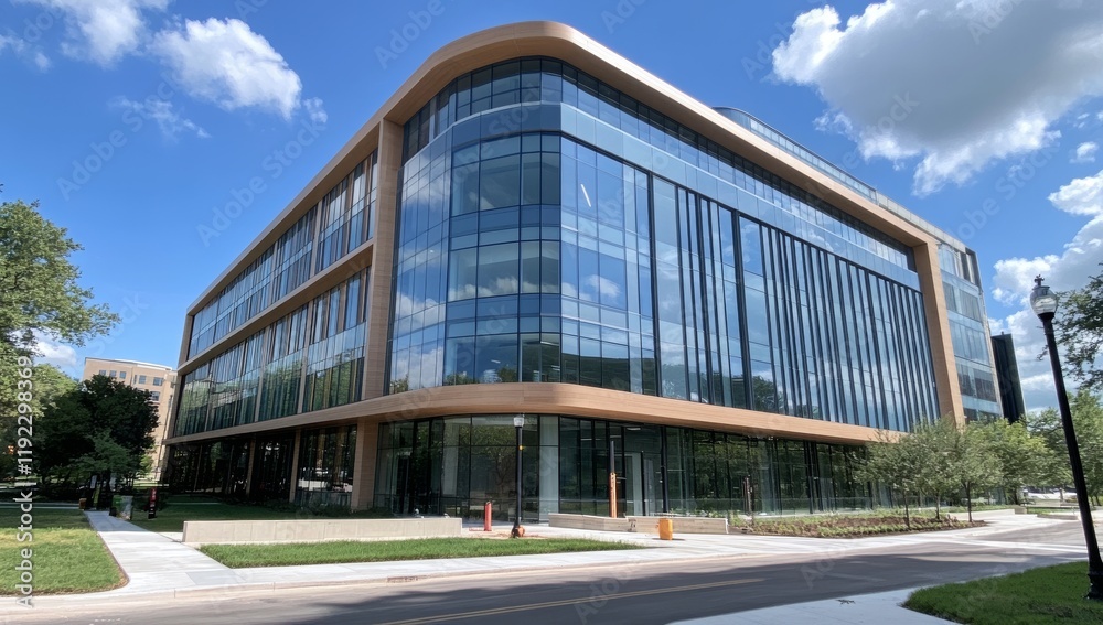Blue Sky with Single Cloud, View of Glass and Steel Office Building Corner Blue Sky with Single Cloud, View of Glass and Steel Office Building Corner