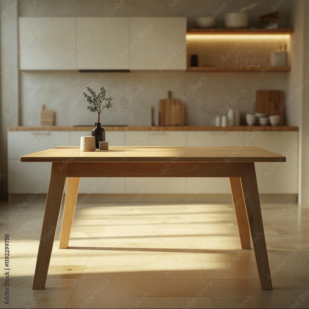 Modern light wood dining table in minimalist kitchen. Modern light wood dining table in minimalist kitchen.