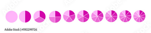 Diagram wheel divided from 1 to 10 parts, Pie chart infographic circle divided into pizza or donut segments, Vector flat icons.