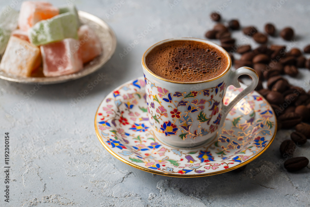 Turkish coffee with delight and traditional copper serving set
