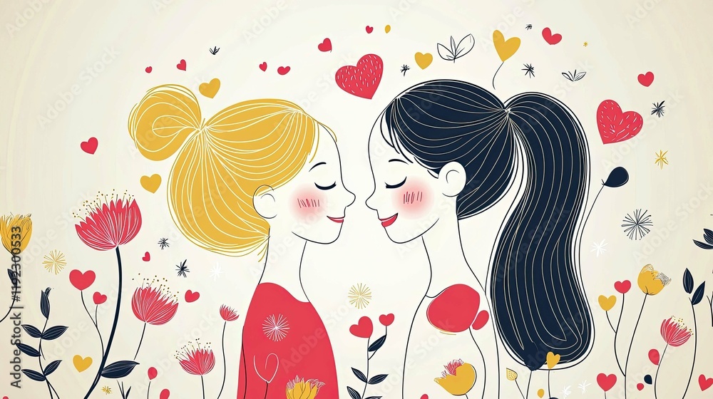 Two girls, hearts, and flowers: A tender illustration of friendship and love. Perfect for Valentine's Day, friendship cards, or social media. Two girls, hearts, and flowers: A tender illustration of friendship and love. Perfect for Valentine's Day, friendship cards, or social media.