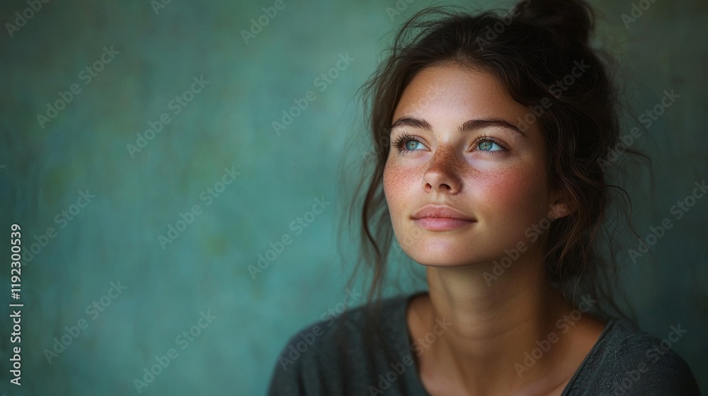 Young Woman with Freckles Gazes Pensively Upward