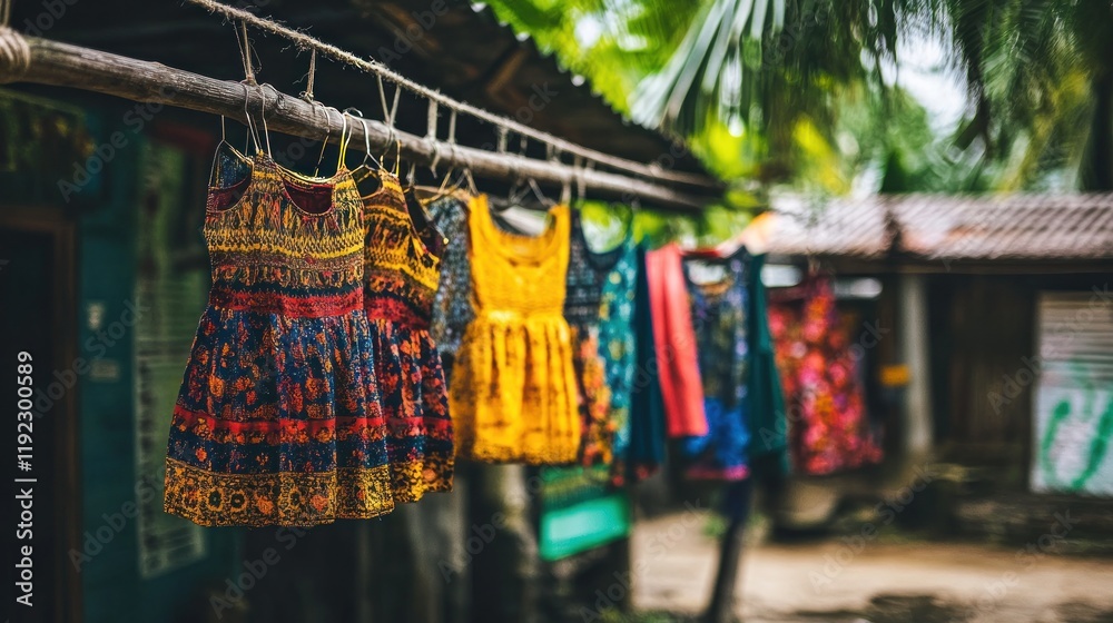 Naklejka premium Colorful dresses hanging on a clothesline outside a tropical hut.