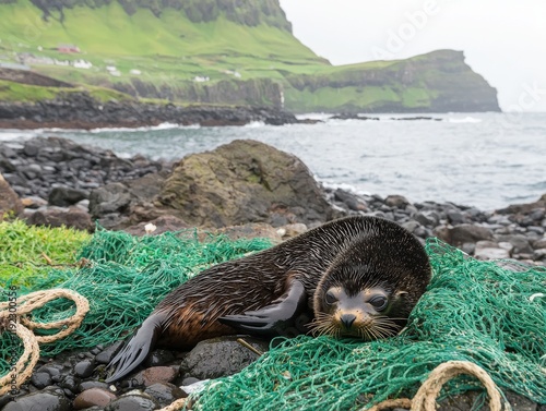 A young seal pup rests entangled in discarded fishing net on a rocky shoreline, a dramatic coastal landscape in the background highlighting the devastating impact of plastic pollution on marine wildli photo