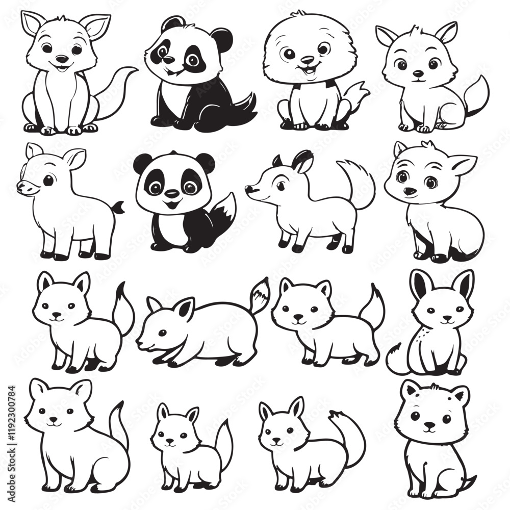 Black and white cute animal kids collection, sketch line art design, Adorable animal, domestic animal set silhouette vector, wild animal illustration.
Black and white cute animal kids collection, sketch line art design, Adorable animal, domestic animal set silhouette vector, wild animal illustration.