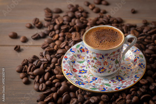 Turkish coffee with delight and traditional copper serving set photo