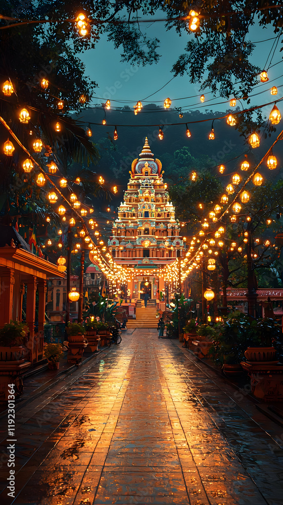 Temple Pathway: Illuminated Night, Golden Lanterns, Tranquil Scene Temple Pathway: Illuminated Night, Golden Lanterns, Tranquil Scene