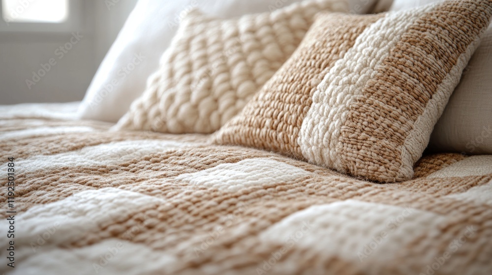 Neutral Knitted Pillows Resting on a Cozy Bedspread Neutral Knitted Pillows Resting on a Cozy Bedspread