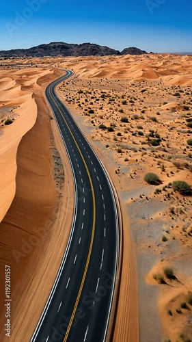 A winding road through vast sandy dunes under a clear blue sky.