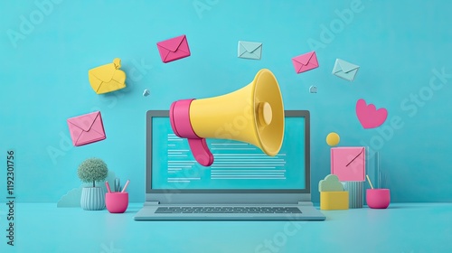 A digital newsletter template featuring a megaphone icon, designed for teams to communicate announcements and updates effectively, symbolizing the importance of internal communication in  photo