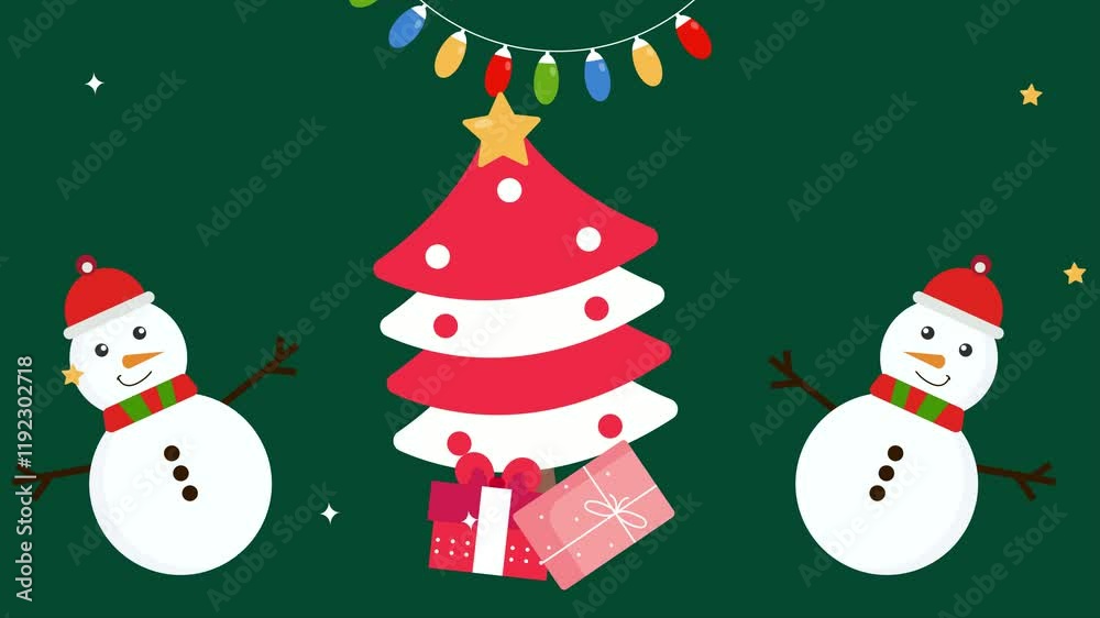 festive christmas illustration with snowman gifts and decorated christmas trees seamless 4k video background motion pop art design