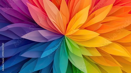 Minimal symmetry concept. A vibrant flower petal pattern with a spectrum of colors radiating outward.