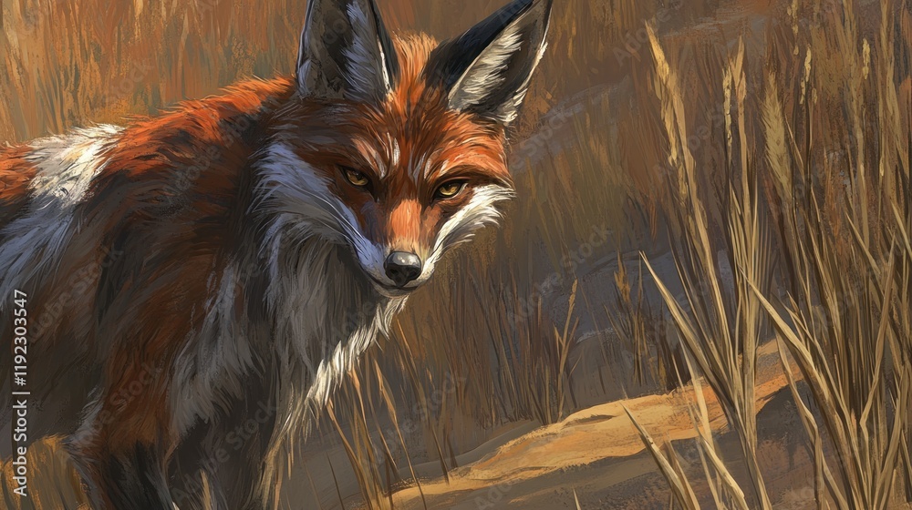 Naklejka premium Red fox in tall grass at sunset, looking directly at the camera.