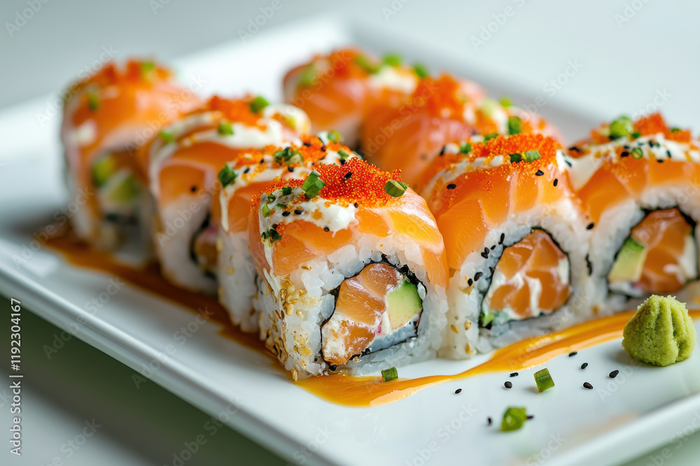 Delicious salmon sushi rolls, topped with creamy sauce, sesame seeds, and tobiko. Delicious salmon sushi rolls, topped with creamy sauce, sesame seeds, and tobiko.