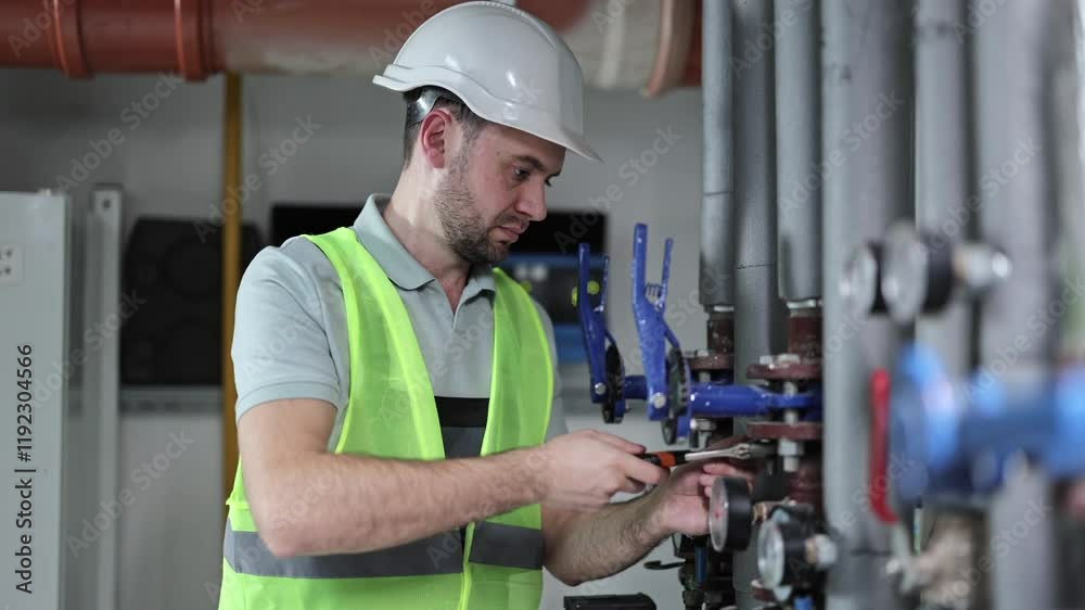 Professional man in boiler room checking pressure gauge of heating system equipment. Industrial worker in uniform using a wrench to repair pipes.