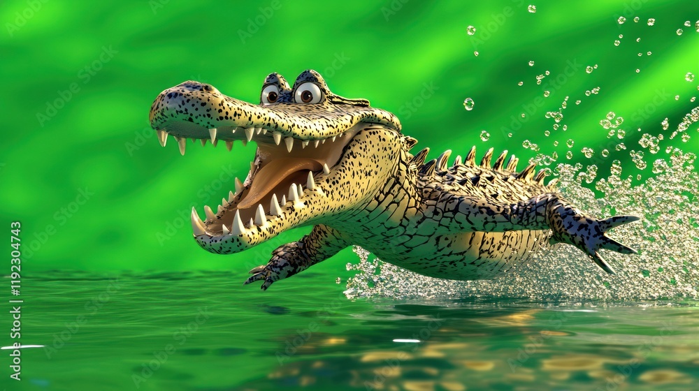 Happy cartoon crocodile leaping from water. Happy cartoon crocodile leaping from water.