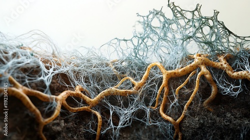 Creative visualization of mycorrhizae illustrating fungal networks intertwined plant root systems in nutrientrich soils