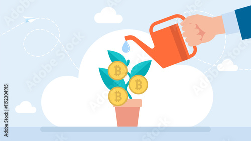 Growing cryptocurrency to reach the highest price, businessman investor watering bitcoin plants. A businessman watering cryptocurrency plants, maintaining owned bitcoin assets. Vector illustration