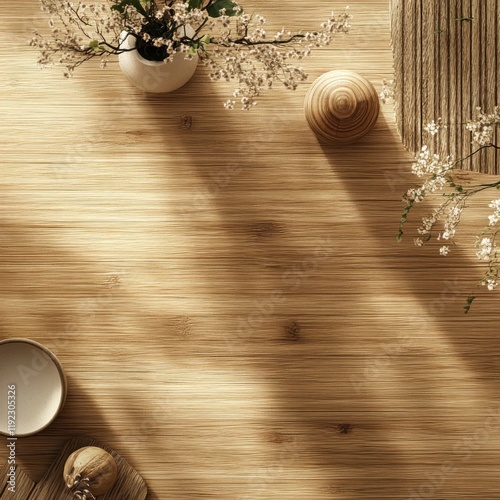 Sunlit wooden table with minimalist decor, flowers, and copy space.