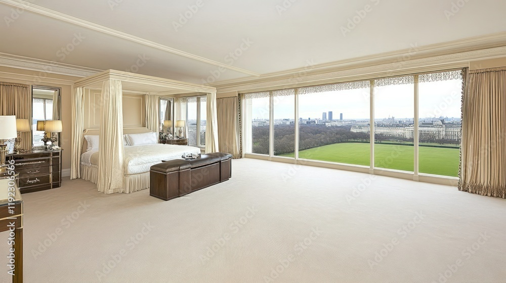 Fototapeta premium Luxurious bedroom with panoramic city and park views, featuring a four-poster bed and plush carpeting.