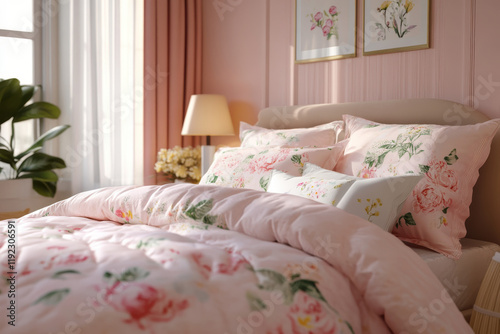 Soft pink floral bedding creates a serene bedroom atmosphere. Sunlit and inviting, perfect for a relaxing morning.
