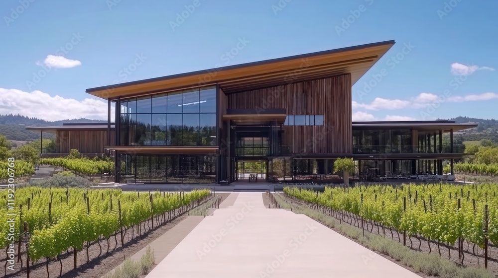 Modern winery building nestled amongst vineyards. Modern winery building nestled amongst vineyards.