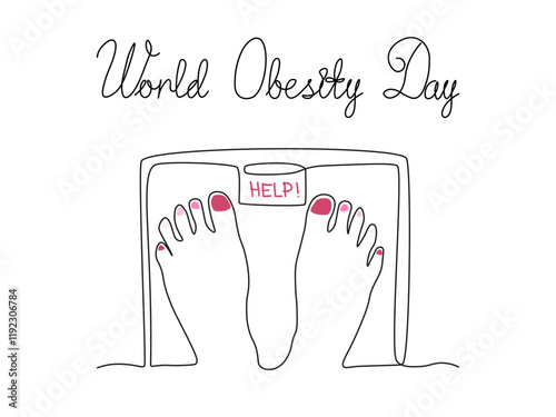 World Obesity Day. Abstract feet on scales. continuous single one line art hand drawing sketch logo