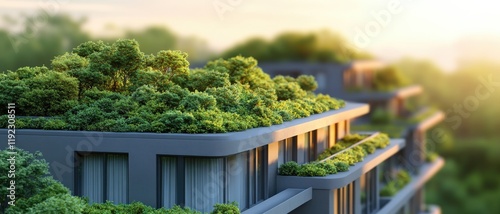 A modern building with lush green rooftops, showcasing sustainable architecture and integration of nature into urban design.