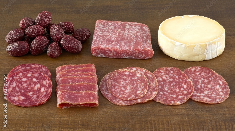 Salami, cheese, and dried cranberries arranged on a wooden surface. Salami, cheese, and dried cranberries arranged on a wooden surface.