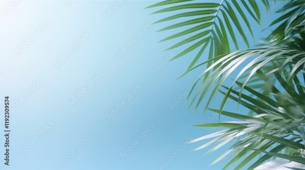 Blurred Shadow of Palm Leaves on Light Blue Background Creating a Serene and Tropical Atmosphere for Relaxation and Calmness Blurred Shadow of Palm Leaves on Light Blue Background Creating a Serene and Tropical Atmosphere for Relaxation and Calmness