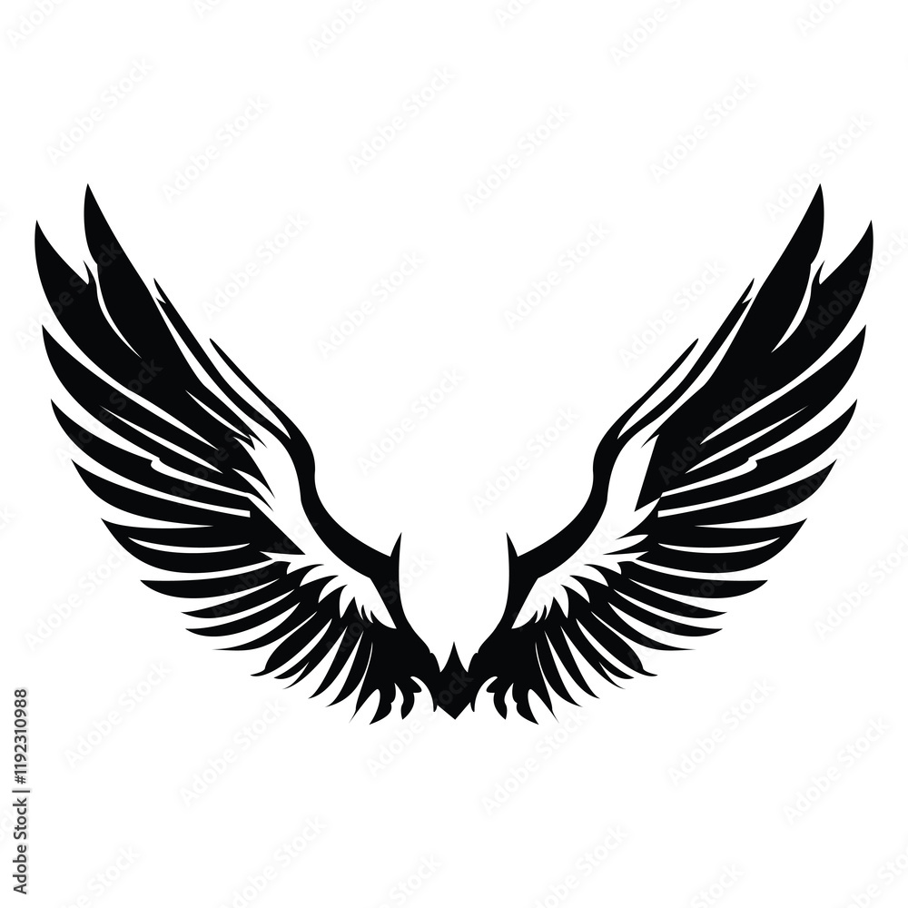 Black Silhouette of Spread Wings with Intricate Feathery Design on White Background Black Silhouette of Spread Wings with Intricate Feathery Design on White Background