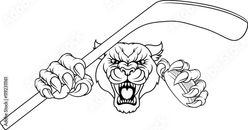 A panther, leopard or cougar wildcat cat jaguar ice hockey sports mascot holding a hockey stick and puck