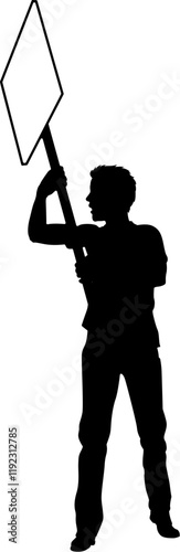 Protestor or demonstrator at a demonstration march, picket line or strike protest rally in silhouette. Holding up a banner or picket sign board placard.