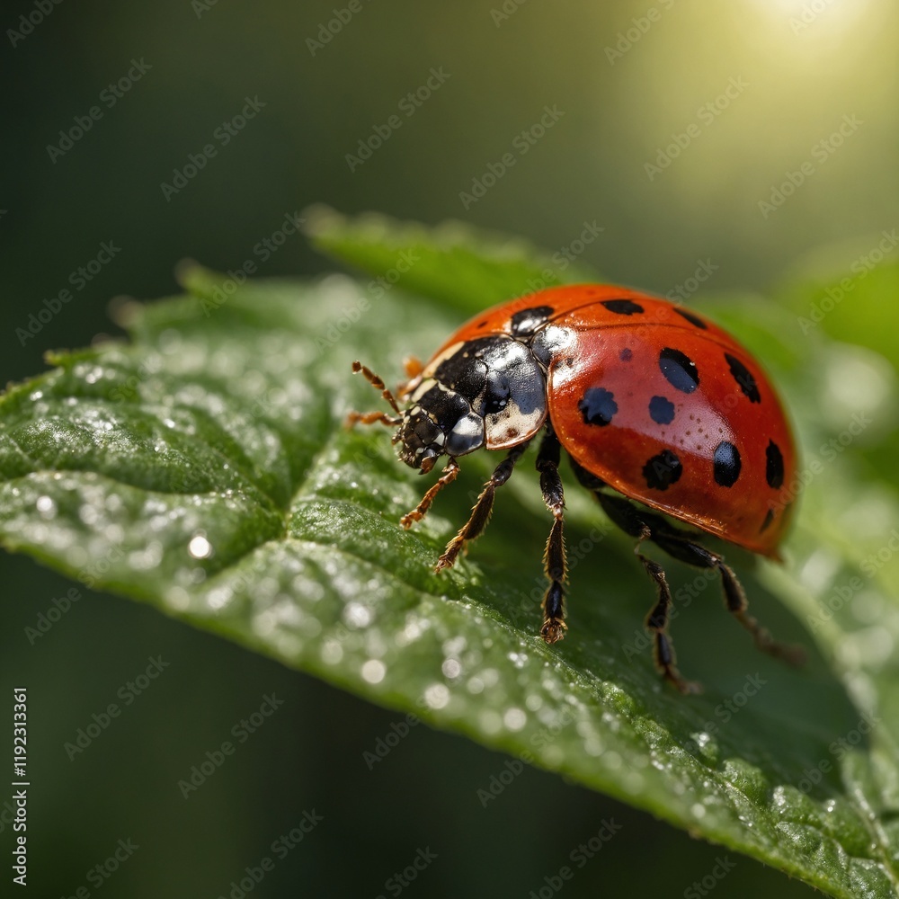 Fototapeta premium A vibrant red ladybug with black spots perched delicately on a fresh green leaf, basking in the soft glow of sunlight.