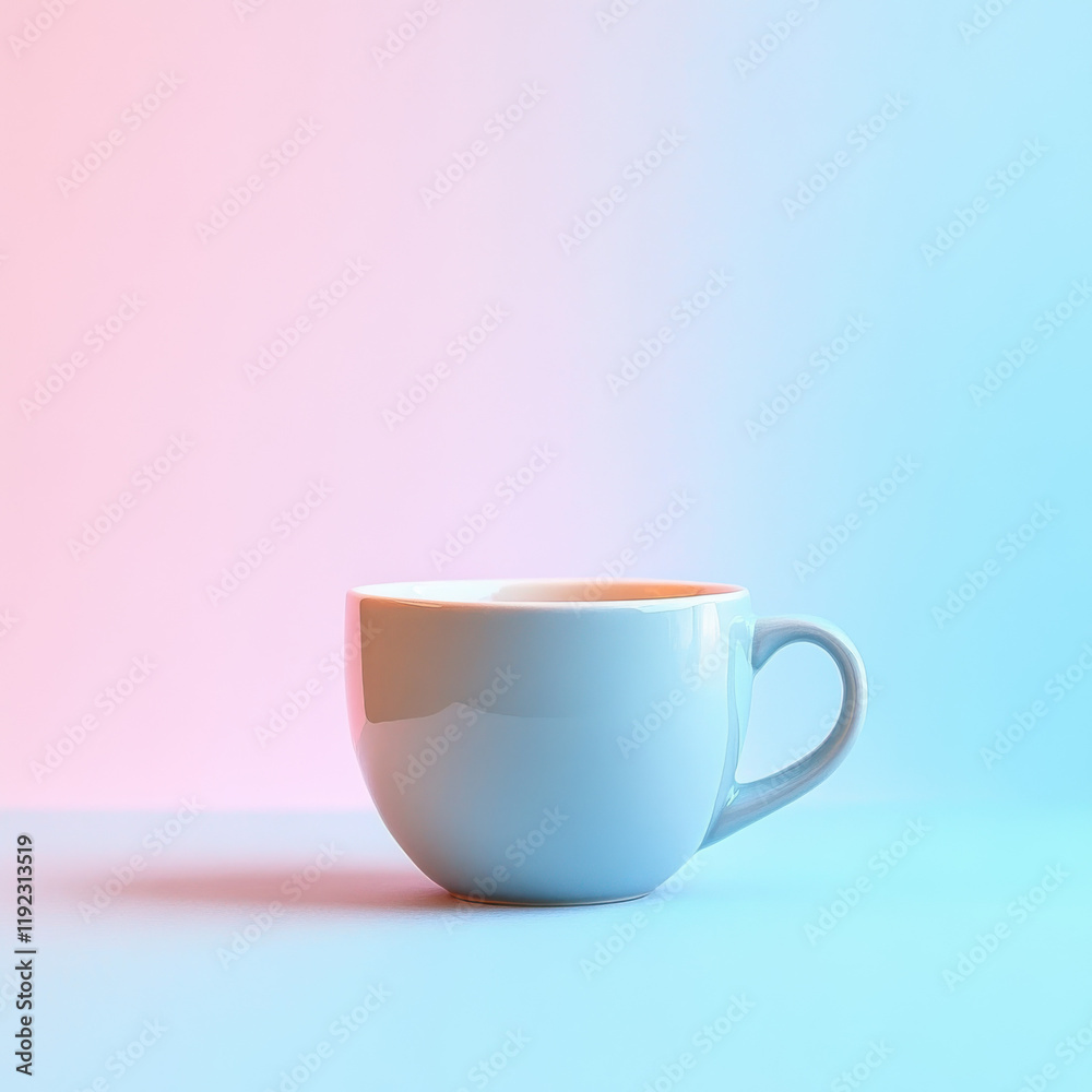 Obraz premium A light blue mug sits on a pastel surface, bathed in soft pink and blue light. Minimalist aesthetic.