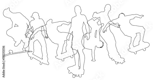 Skateboarders skateboarding on skate boards silhouette people set. Active sports people healthy players fitness silhouettes concept.